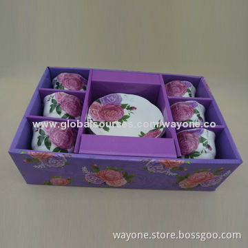 6-set 90cc Coffee Cup and Saucer in Printed Gift Box, Cut Edge, Rose Flower, for Gifts and Promotion